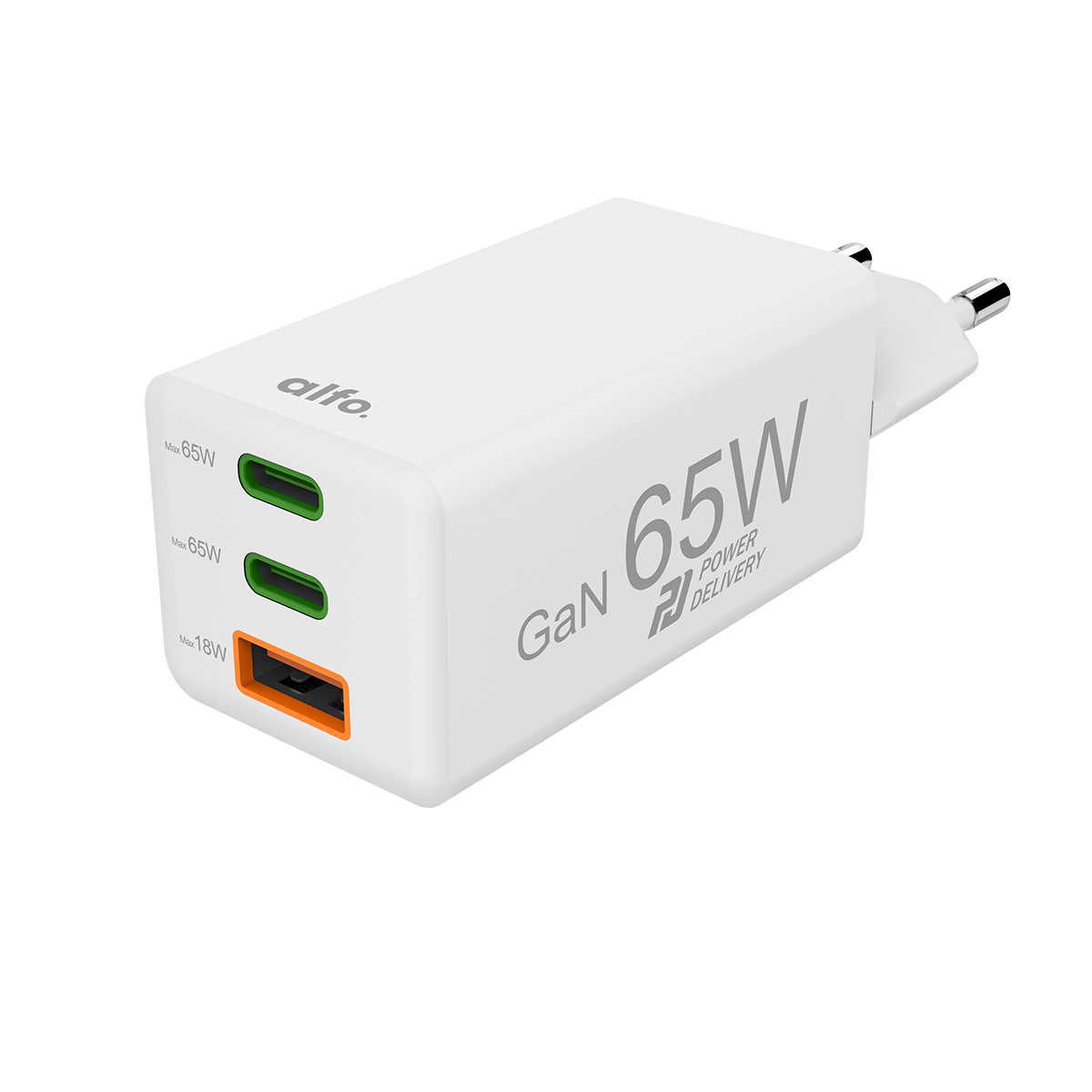 Alfo Essentials Schnellladegerät GaN weiß 65 W, PD 2x USB-C + 1x USB-A, Mini-Ladegerät