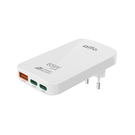 alfo Essentials Flat Charger weiß 65 W, PD, 2x USB-C+1x USB-A, Schnellladegerät flach
